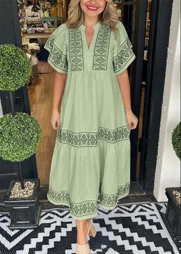 Image of chouyatou Women's Summer Printed Floral Dress Casual Notch Neck Cotton Midi Long Mexican Tunic Dress