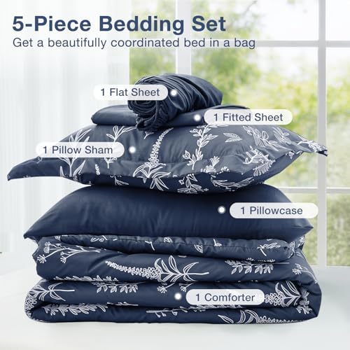 Image of MUXHOMO Navy Blue Twin Comforter Set, Elegant Floral Print Bed in a Bag 5 Pieces, Ultra Soft & Breathable Reversible Botanical Pattern Bedding Set with Comforter, Sheets, Pillowcase, and Sham