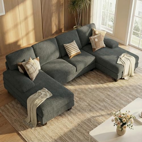 Homall U-Shaped Corduroy Sofa Set, 4 Seats, Dark Grey