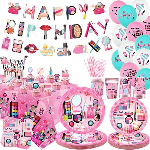 Decoración de fiesta de cumpleaños de spa, suministros de fiesta de maquillaje, platos, tazas, servilletas, mantel, pancarta de feliz cumpleaños, globos, decoración de tartas para niñas y mujeres,