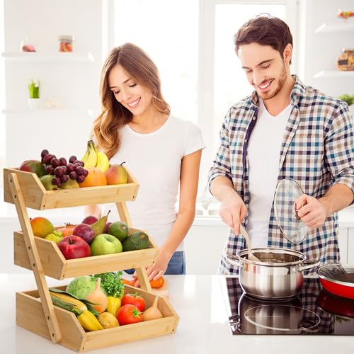 Image of G.a HOMEFAVOR Large Bamboo Fruit Basket, 3-Tier Fruit Bowl for Kitchen Counter, Vegetable Storage Stand for Fruit Shop, 15 mm Thickness (Self-assembly)