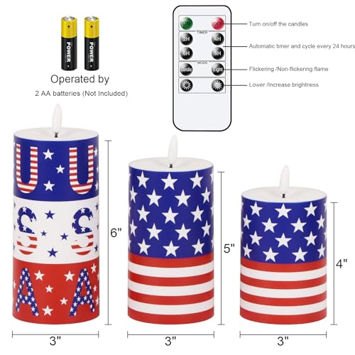 Image of Patriotic Flameless Pillar Candles Battery Operated with Remote Timer Plastic Realistic 3D Wick Outdoor Waterproof LED Flickering Candles 4th of July USA Flag Decor(3 Pack, 3 x 4,5,6 Inches)