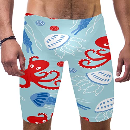 Jammers de natación para hombre rojos con estampado de pulpo azul y conchas