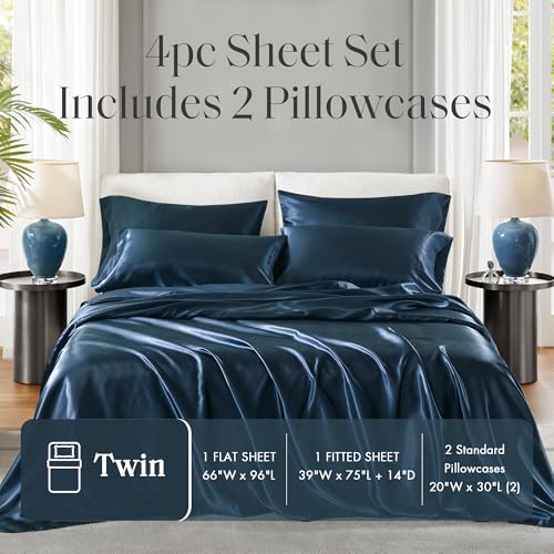 Image of Madison Park Essentials Satin Sheets Twin Bed Set, 4 Pcs, Midnight Blue | Luxury and Smooth Silky Bedding with Natural Sheen, All Around Elastic 14 inch Pocket fits up to 16 inch Mattress, Year-Round Cozy