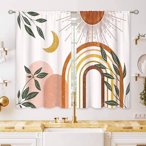 oolygoo Mid Century Abstract Boho Small Kitchen Curtains Leaf Sun Minimalist Window Treatment Modern...