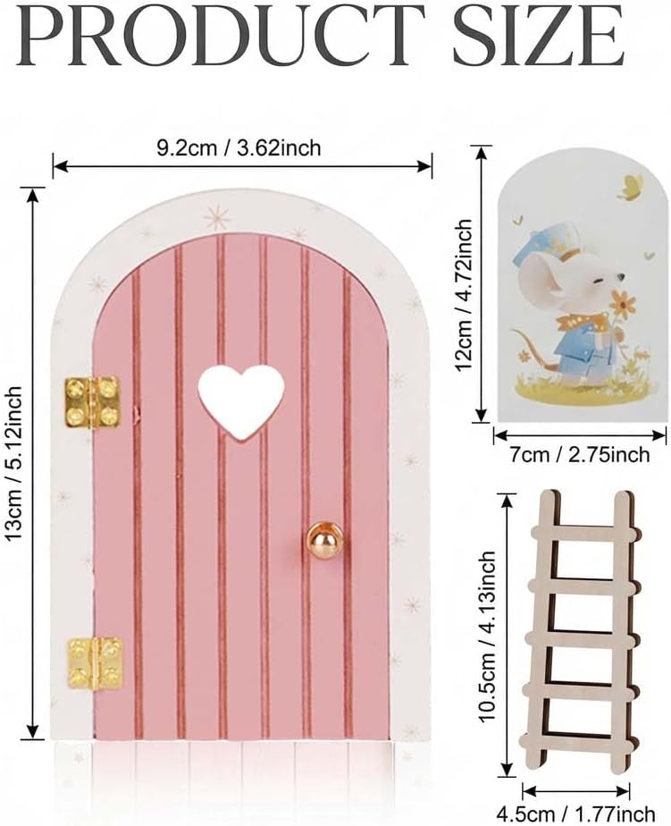 Pink Wooden Magical Fairy Openable Tooth Elf Door with Mouse Elf & Ladder, Tooth Fairy Handmade Christmas Decorations image 2