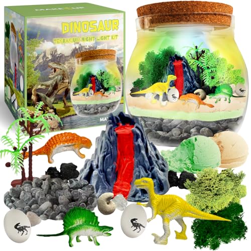 Dinosaur Light Up Terrarium Kit for Kids I Dinosaur Toys Craft Kits for Kids I Night Light for Kids Crystal Growing Kit I Terrarium Jar for Kids I Birthday Gifts for Girls Age 5-12