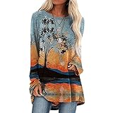 Janepam Womens Tops Shirt Tunic Plus Size Tree Sunset Sun Graphic Pattern Print Long Sleeve Oversize Loose Baggy Blouse(O Orange,5XL)