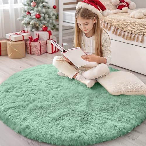 OLANLY Mint Green Round Rugs for Bedroom - Machine Washable, 4 ft Circle Area Rugs for Living Room, Soft and Fluffy Shaggy Carpet for Teen Girls and Boys, Nursery Rooms, Dorms, Home Decor Aesthetic