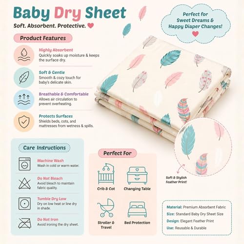 Image of Zikku Printed Dry Sheets for Baby Bed Size Double Bed Extra Large Soft |Comfortable |Extra Absorbency|Fast Dry (200x140 cm, Green, Leaf Print)