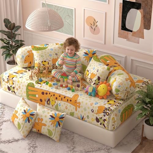 Image of Filymore Yellow Giraffe Kids Fitted Diwan Set 8 Pieces - Microfiber Diwan Bedsheet Set with 5 Cushion Covers & 2 Bolster Covers | Soft Cartoon Giraffe Print Diwan Cover Set for Kids Room