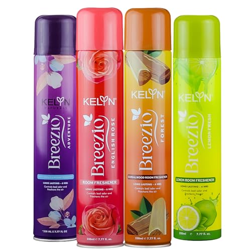 Image of KELYN Room Freshener - Long Lasting Air Fresheners for Home, Office, Cars & Toilets Aer Spray - Room Freshner Spray for Bedroom - (Pack of 4, 230ml each) - Anti Tobacco, Sandalwood, Rose & Lemon