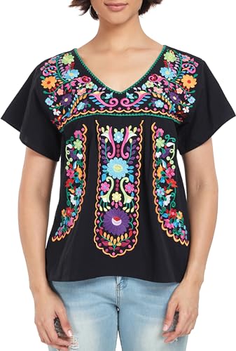 YZXDORWJ Women's Mexican V Neck Top Peasant Embroidered Blouse Traditional Summer Short Sleeve Shirt4