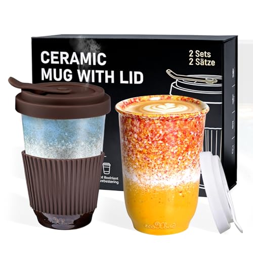 ganfaner 390ml Travel Coffee Mug with Lids 2 PCS Ceramic Coffee Cups Heat Resist w/Sleeve Attractive Coffee Mugs for Hot Cold Fit Car Holder Microwave Dishwasher Safe for Office Home (Orange Blue)