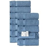 SALBAKOS 100% Turkish Cotton Washcloth Set of 12, 13x13 inch | Premium Quality | Hotel & Spa Collection | Ultra Soft, Super Absorbent, Wash Cloth Towels | Made in Turkey (Blue, 12 Washcloths)