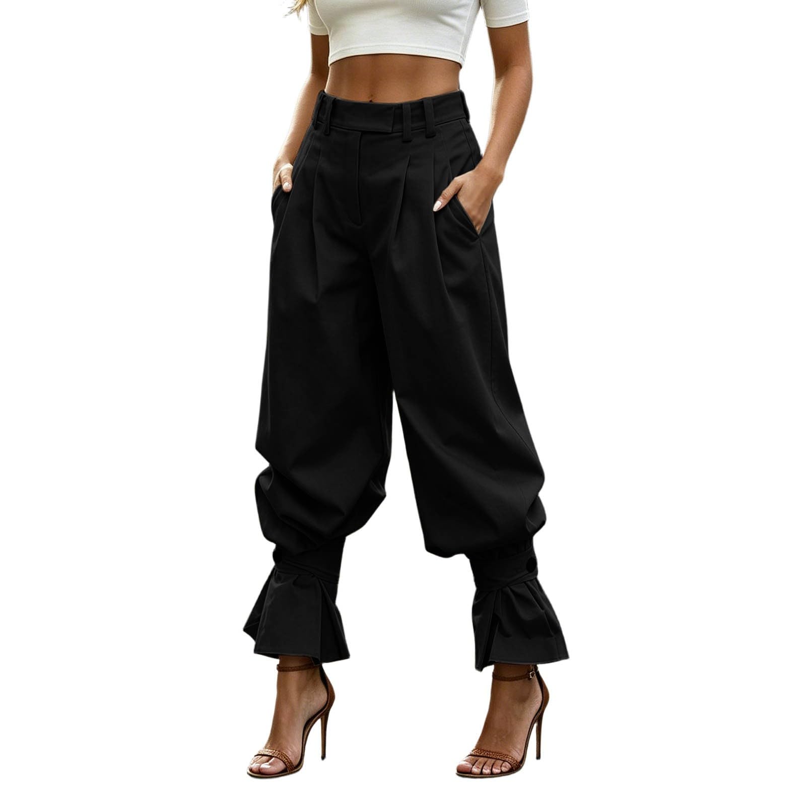 Pantalon bombé long pour femme avec ourlet à volants, taille haute, pantalon ample à jambes larges, pantalon de plage, pantalon d'été, bohème, confortable, style Y2K