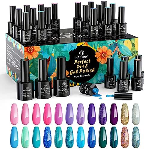 Gel Nail Polish Kit, Kastiny 27Pcs Glitter Mermaid Soak Off Nail Gel Collection with Base, Glossy & Matte Top Coat, Gel Nail Polish Set DIY Manicure Kit for Summer Nail Decorate Art