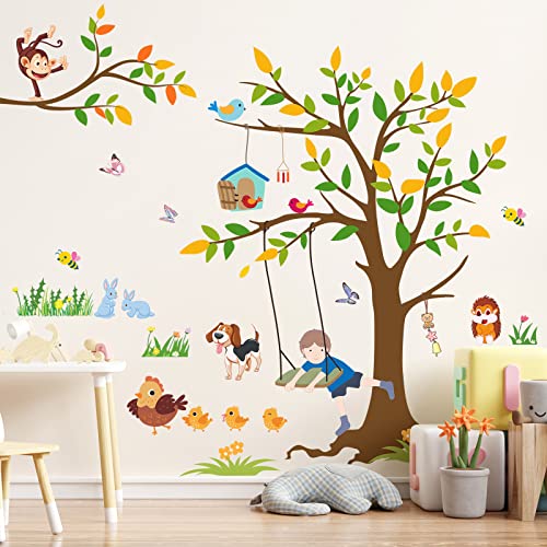6 Sheets Removable Cartoon Brown Tree Yellow Green Leaves with Animals Wall Stickers Murals DIY Boy Swinging in the Tree Branch Wall Decal for Kids Baby Bedroom Living Room Nursery Classroom