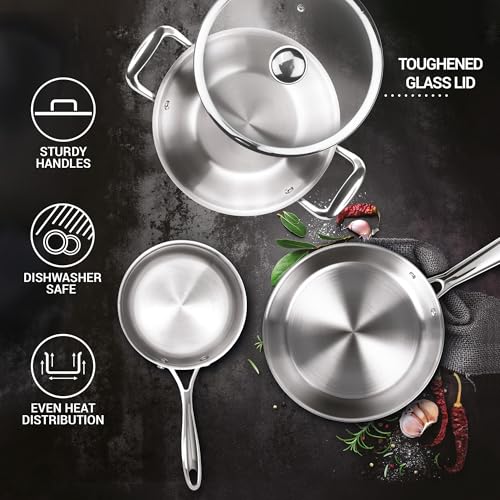 Image of MILTON Pro Cook Induction Cookware & Gas Stove Friendly Triply Stainless Steel 4 Pcs Cookware Set | 22cm Kadai With Glass Lid, 22cm Fry Pan & 14cm Saucepan | Even Heating | ISI Certified | 3Y Warranty