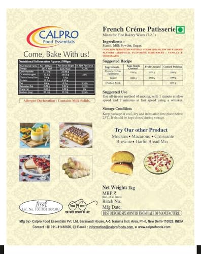 Image of French Creme Patisserie :Eggless Primum Custard In Second & Bake Stable ! High Protein ! Melt-In-Mouth -100% Vegetarian: Mix Powder-1KG