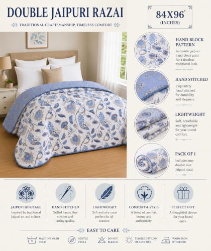 Image of RRC Jaipuri Floral Print Double Bed Razai | Cotton Lightweight AC Quilt | Soft Jaipuri Rajai | 200 GSM Summer Comforter | Double Bed Quilt Pack of 1