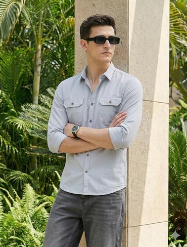 Image of IndoPrimo Men's Cotton Shirt with Stylish Flap Pockets Full Sleeves Spread Collared Neck Solid Pattern Western Style Classic Fit and Standard Length