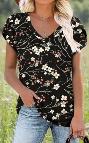 Image of CATHY 2026 Women Tops Summer Short Sleeve Tunic V Neck T-Shirts Loose Casual Floral Blouse S-4XL