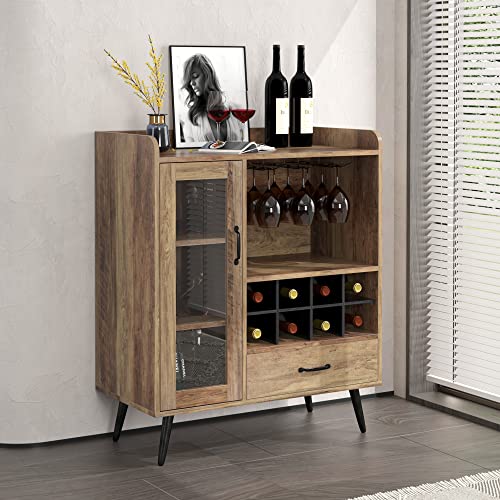 soges Wine Cabinet with 1-Glass Door&Drawer, Oak 3-Tier Bar Cabinets with 8-Wine Cubes, Bar Cabinets for Liquor and Glasses, Buffet with Wine Storage for Entryway, Living Room, Kitchen, Dining Room