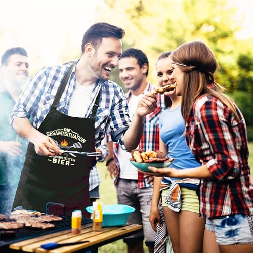 DXDXDXD Grillschürze für Männer Kochschürze Herren Schürze, lustig Grill schürze für Männer küchenschürze Herren mit 4 Taschen-DIE GESAMTSITUATION ERFORDERT JETZT EIN BIER
