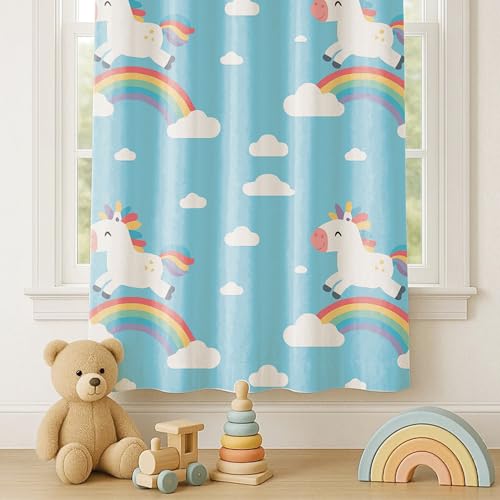 Image of STITCHNEST Velvet Kids Curtains Pack of 2 | Unicorn & Rainbow Print | Semi Blackout Curtains for Nursery, Girls Room & Toddler Bedroom | 7 Feet