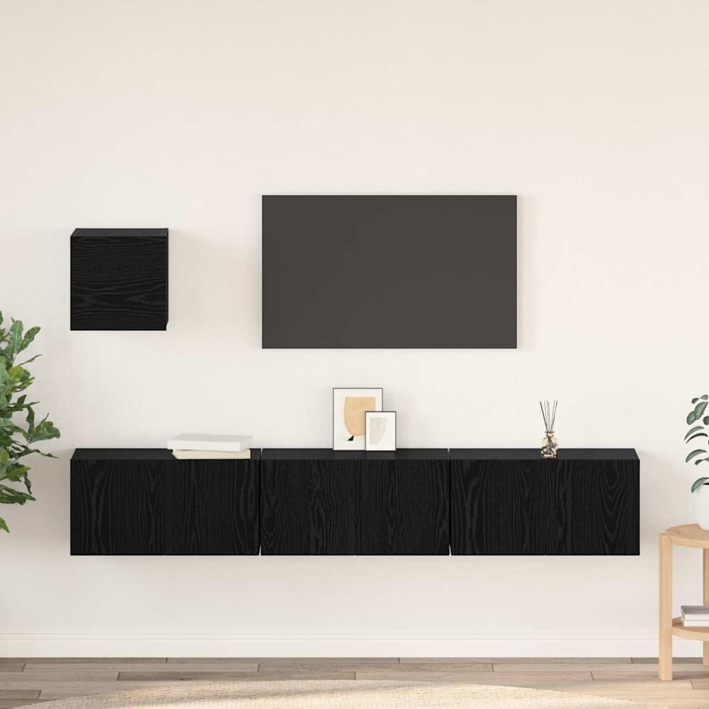 Meuble TV gain de place suspendu - Lot de 4 buffets bois chêne noir pour petit salon