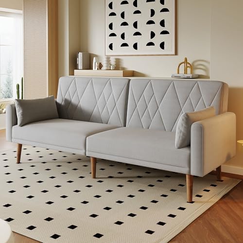 Sofá cama de 2 plazas con función de dormir y respaldo ajustable con patrón de rombos, sofá plegable tapizado con reposabrazos ajustables para salón, dormitorio, apartamento (gris)