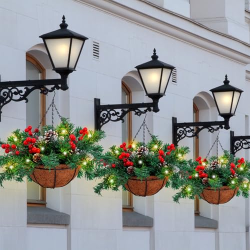 Panier suspendu Noël extérieur lumineux avec pommes de pin et baies artificielles - 3