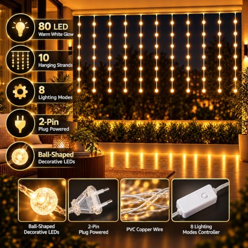 Image of One94Store Ball Curtain Fairy Lights, 80 LED Warm White String Lights with 8 Modes, Hanging Decorative Lights for Home, Bedroom, Wall, Balcony, Diwali, Christmas & Wedding