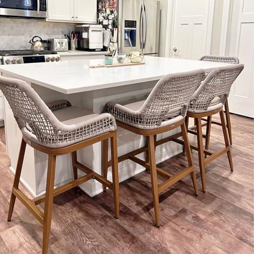 Butacos de altura para barra PURPLE LEAF, set de 4 piezas, diseño moderno en tonos teka profundo con tejido a cuadros, estructura de aluminio anticorrosivo y asiento de tela olefínica extraíble y rápida de secar miniatura 1