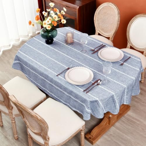 Monibana Rustic Oval Cotton Linen Tablecloths Embroidered Farmhouse Spring Table Cloths, Kitchen Dining Room Party Tablecloth Table Cover for Oval Tables, 60 x 120 Inches, Blue
