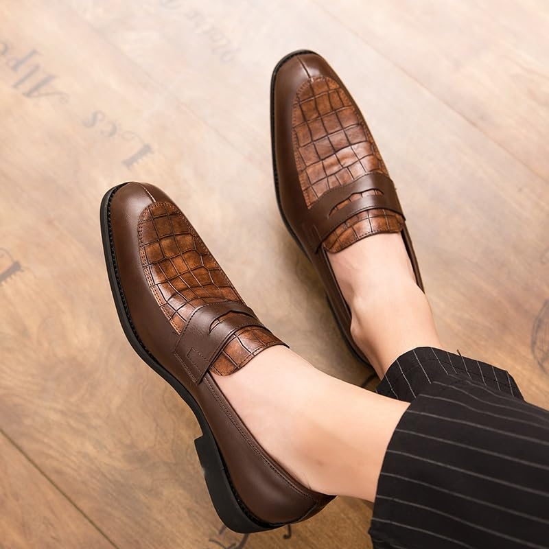 Dress Shoes for Men Slip On Round Toe PU Leather Patchwork Penny Loafer Rubber Sole Anti-Slip Low Top Block Heel Working3