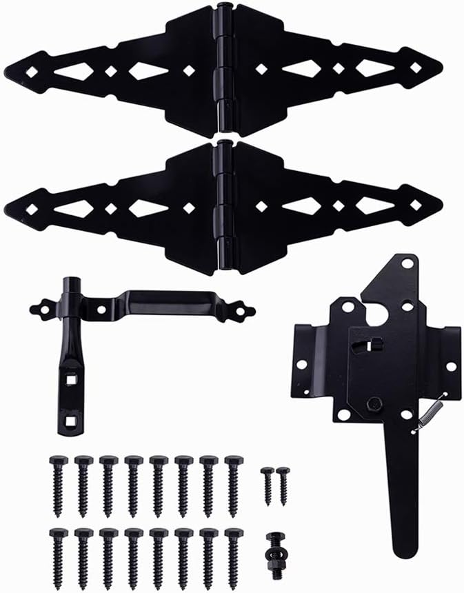 Wood Gate Hardware Set - Heavy Duty 8" Decorative Strap Hinges and Spring Loaded Latch Kit with Screws for Outdoor Fence Swing Gate Black Finish
