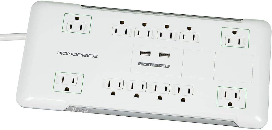 Monoprice Power & Surge - 12 Outlet Surge Protector Power Strip with 2 Built In 2.1A USB Charger Ports - 6 Feet - White | Cord UL Rated, 4, 230 Joules with Grounded and Protected Light Indicator