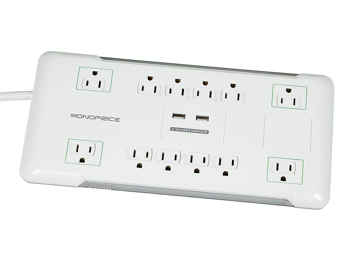 Monoprice Power & Surge - 12 Outlet Surge Protector Power Strip With 2 Built In 2.1A USB Charger Ports - 6 Feet - White | Cord UL Rated, 3,420 Joules
