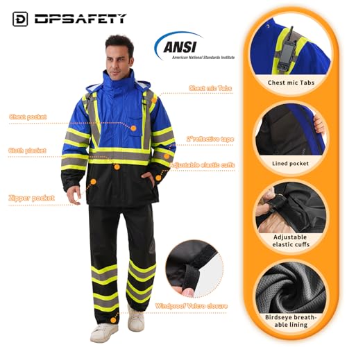 Image of Hi Vis Safety rain Jacket,Reflective Class 3 Rain coat with Inner Mesh Lining and Pockets High Visibility Waterproof work Rain Suits for men&women(Blue,LG /XL)