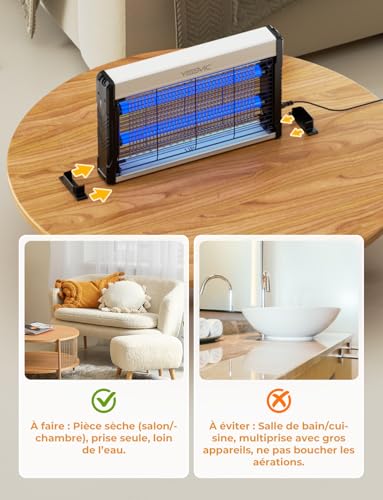 Lampe anti moustique intérieur LED tue mouche avec cordon 2m et 2 bases fixes