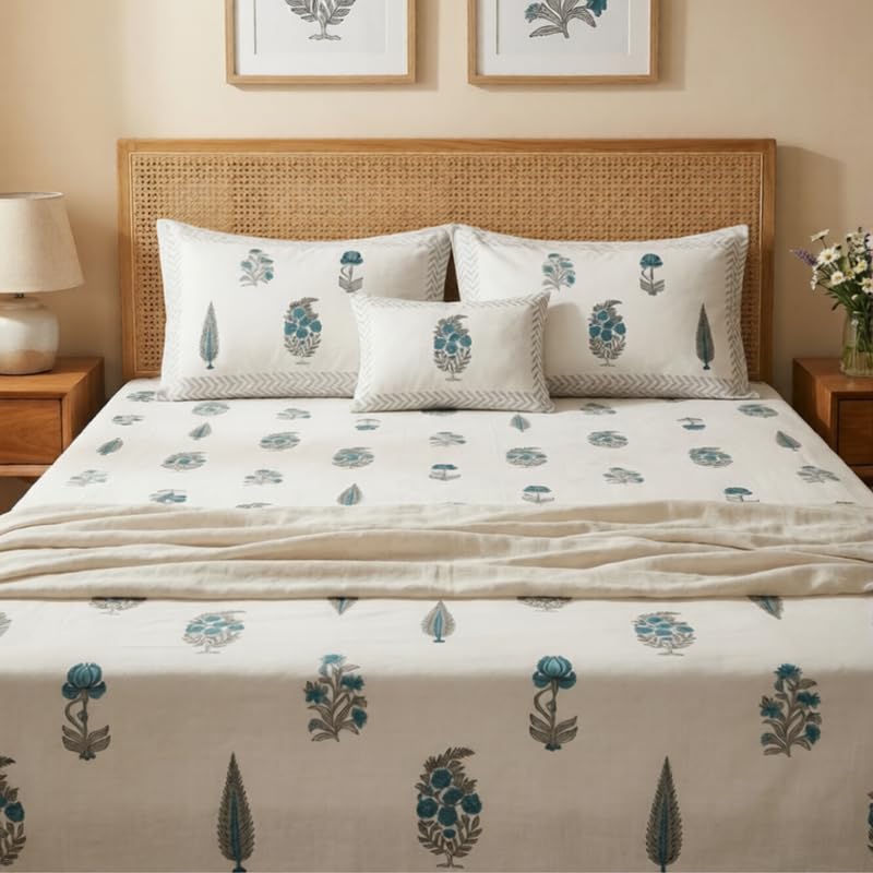 Image of Naksh Bedsheet for Double Bed King Size Floral Print 2 Pillow Covers | Grey Botanical Bedsheet | Soft Breathable Heritage Floral Bedding Set | Royal Sajawat Collection |