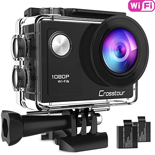 Crosstour Cámara de Acción Full HD Wifi Ciclismo Vlog Submarino 30 M con 2 Baterías Recargables IP68 Impermeable