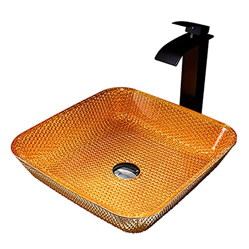 Lavandino da appoggio per Bagno, Moderno lavabo Quadrato in Vetro temperato, lavabo da appoggio con Set di Scarico a Scomparsa, Arancione