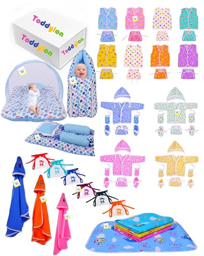 Image of Toddylon 56 In 1 New Born Baby Products All | Gift Packs | Baby Shower | Baby Bed | Baby Clothing | Essentials Items | Combo Pack | Maternity Kit | Infants | Bedding | Clothes (0-6 Months, Multicolor)