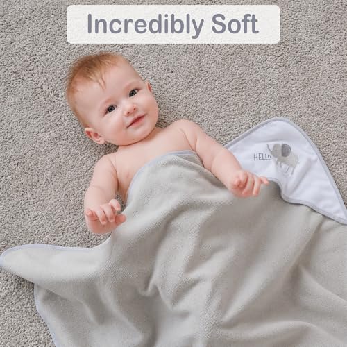 Image of Viviland Baby Towels and Baby Wash Cloths Set Hooded Baby Towels Baby Wipes Absorbent Bath Face Towels Burp Cloths or Face Towels for Girl Boy 6-Pack Size 28 x 28 Inch(Grey Animal Friends)