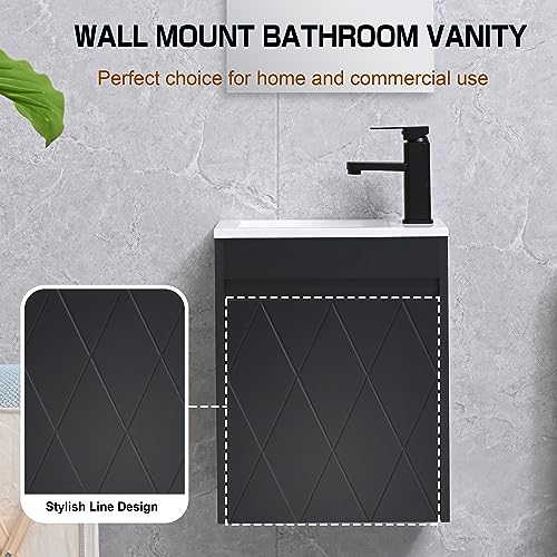 16" Bathroom Vanity Sink Combo for Small Space, Wall Mounted Bathroom Cabinet Set with White Resin Basin Sink Top Black Faucet Pop Up Drain Black