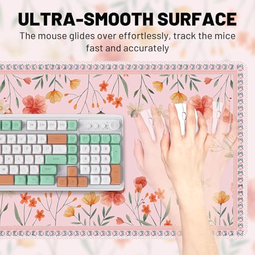 AIMSA Pink Desk Matt for Desktop, Desk Mat for Keyboard and Mouse, Butterfly Floral Mouse Pad with Stitched Edge, Non-Slip Keyboard Mats for Desk, Largr Desk Pad for Office Home — view 3
