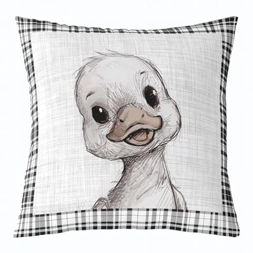 Homewish Cute Duck Throw Pillow Cover 20x20 Inch Cartoon Lovely Farm Wild Animal Decor Cushion Cover for Kids Boys Girls Retro Black White Grid Rustic Style Cushion Case for Couch Chairs RV